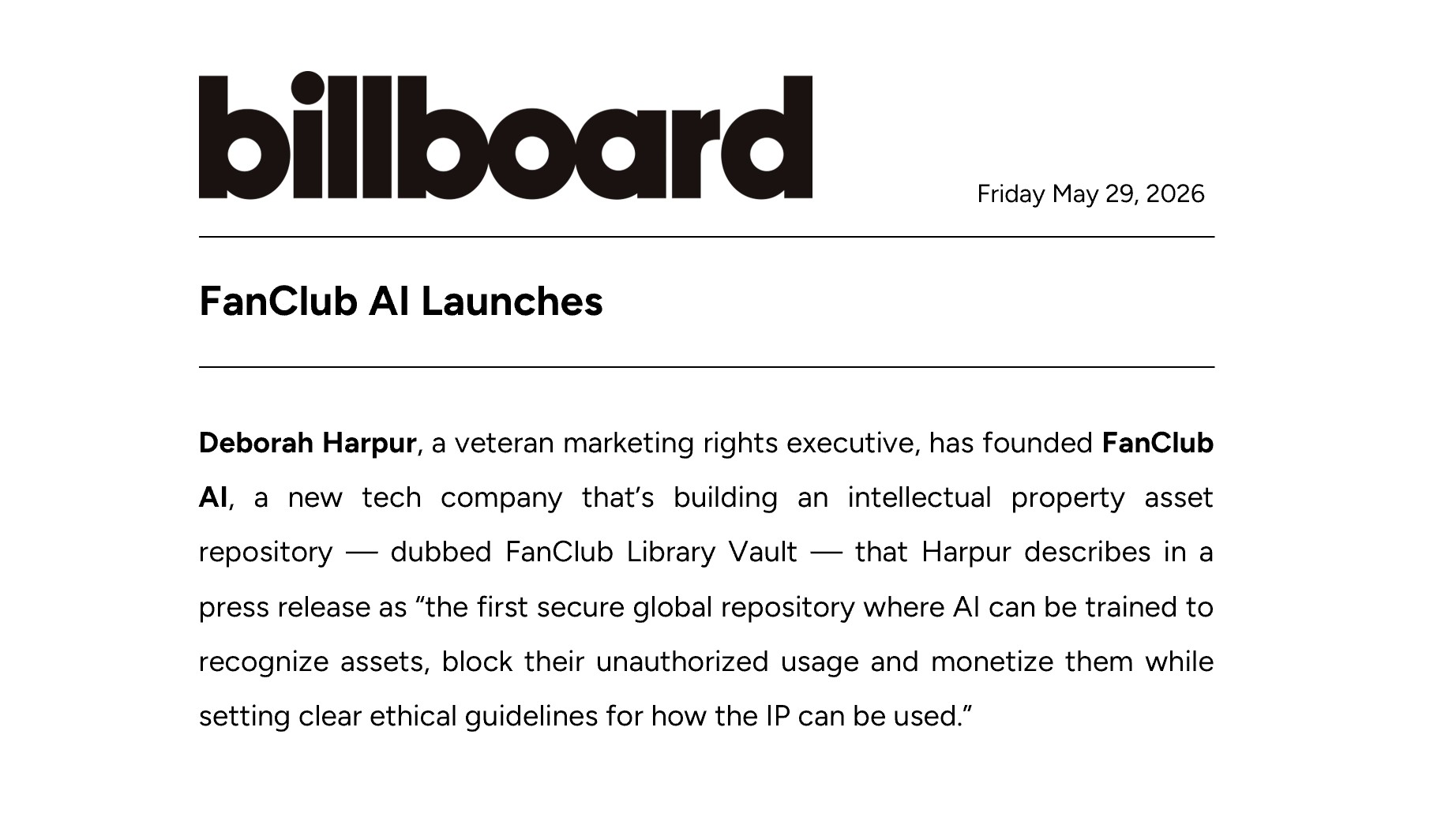 Billboard article “FanClub AI Launches” on Deborah Harpur founding FanClub AI and the FanClub Library Vault