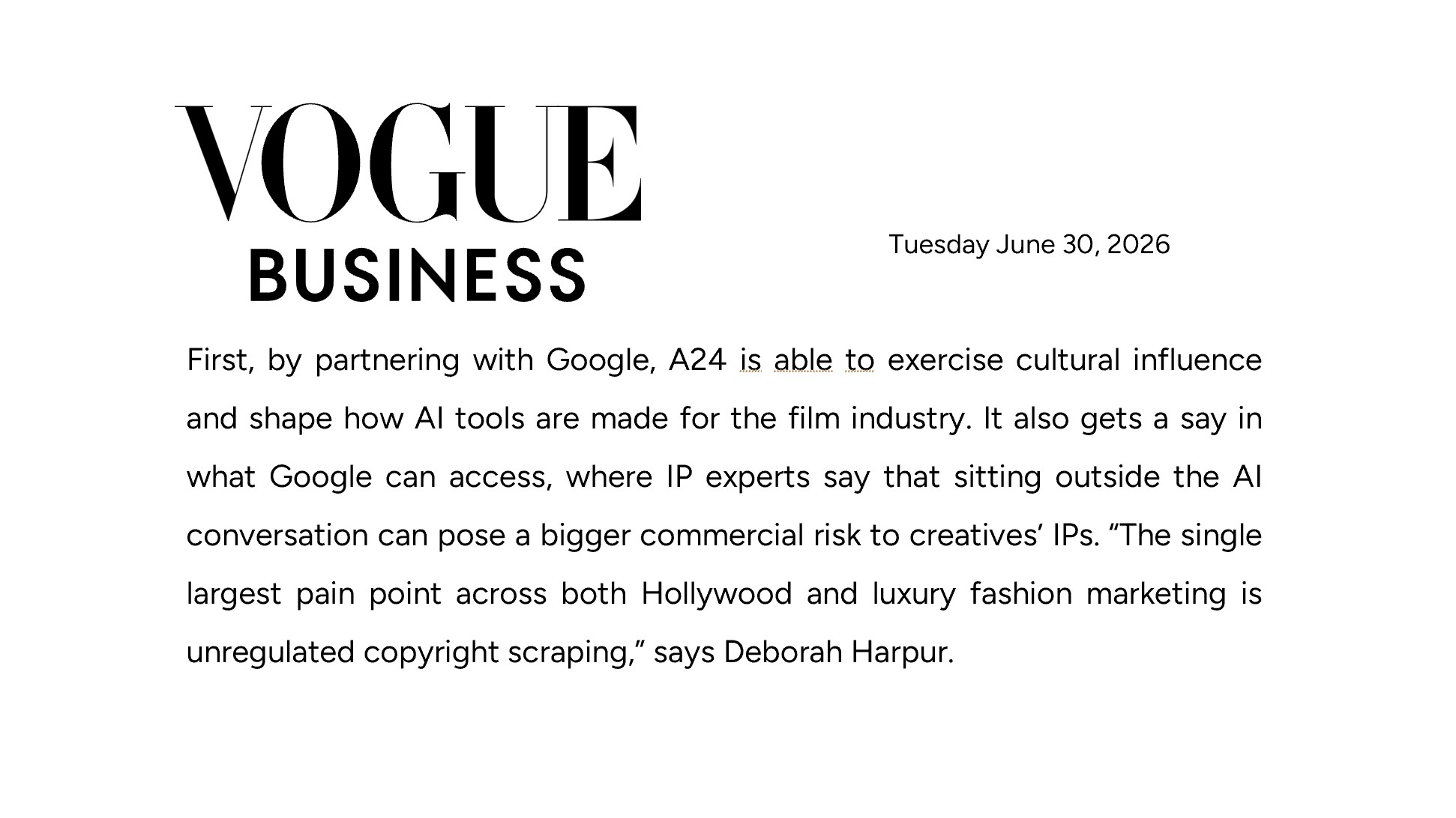 Vogue Business article excerpt quoting FanClub AI founder and CEO Deborah Harpur